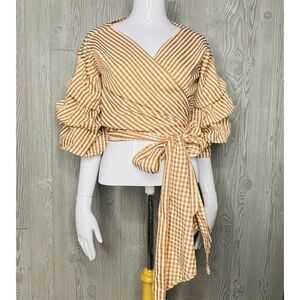 Maac London hull tie wrap shirt with puff sleeves and long wrap ribbon cotton m